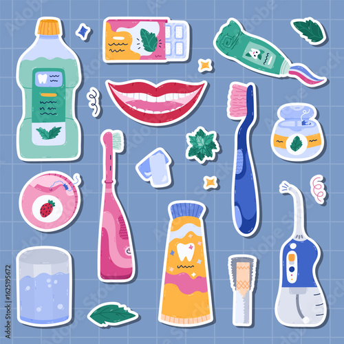 Lovely cartoon dental hygiene sticker set for planners, notebooks, diary. Ready for print list of cute hand drawn clipart for pure teeth, refreshing breath, health gums, bleaching enamel.