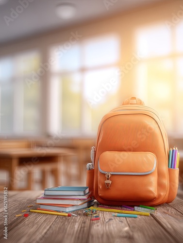 Orange Backpack On Wooden Desk In Classroom