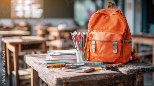 Orange Backpack On Wooden School Desk With Colorful Pencils And Books