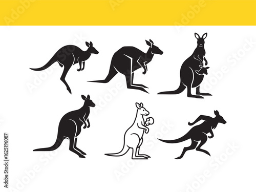 Collection of black kangaroo silhouettes in various poses. Vector graphic set of an iconic Australian animal with a joey.