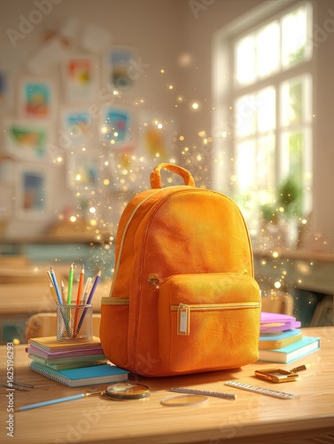 Orange Pixel Backpack On School Desk With School Supplies