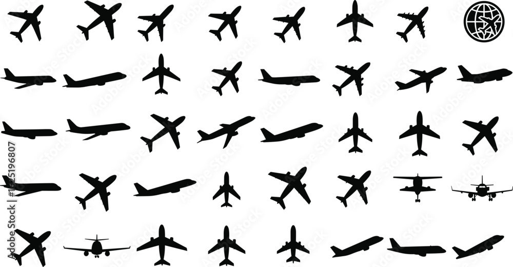 Naklejka premium Airplane Silhouette Vector Set, Aircraft Black Icons, Aviation Silhouettes, Commercial Plane Bundle, Air Travel Clipart Collection
