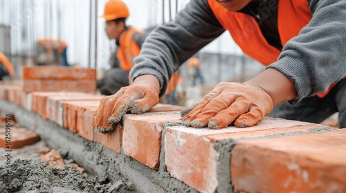 Builder's hands professionally laying red bricks on a construction site.