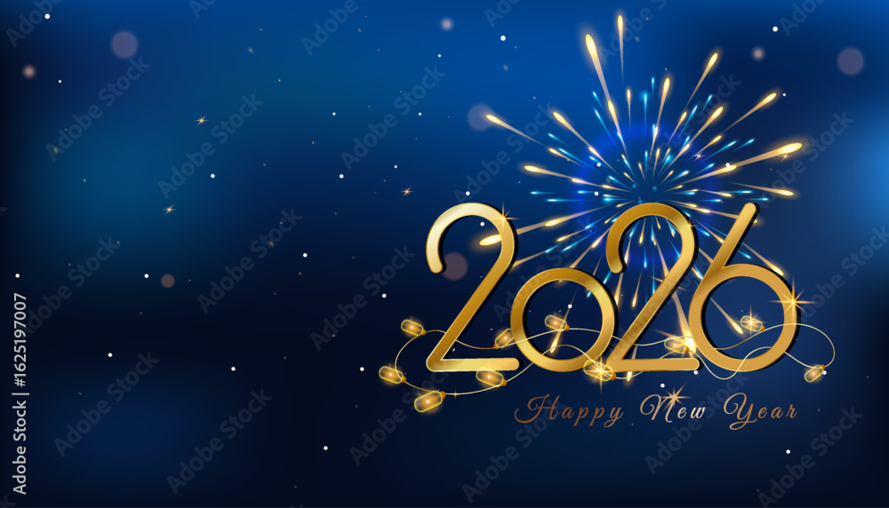 Fototapeta premium Happy New Year 2026! Gold numbers and fireworks on blue. Elegant and festive. Perfect for cards, banners, invitations! Celebrate the new year!