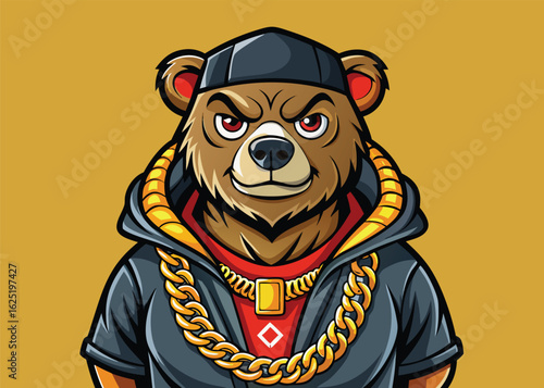 Hip Hop Bear with Chunky Gold Chains Urban Streetwear Style Vector Mascot Illustration Design 