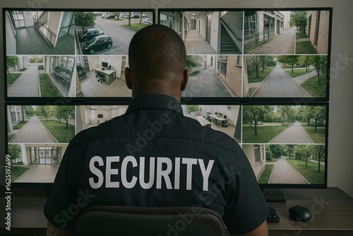 Back view of a black male security guard watching video surveillance