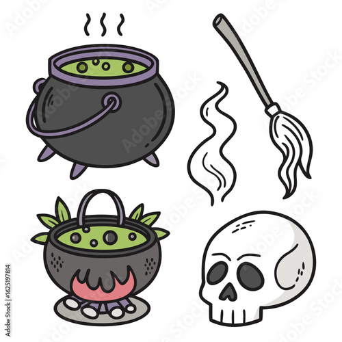 Halloween icon set potion couldron bubbling caul