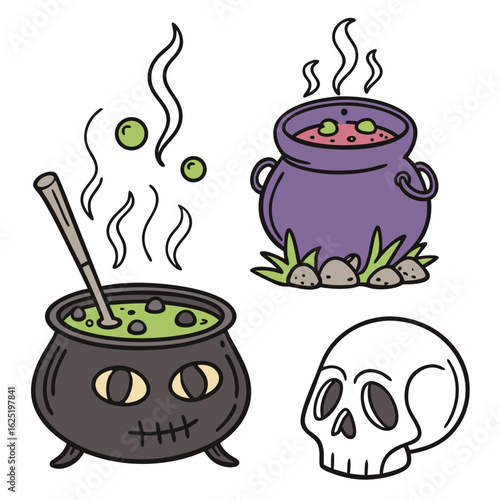 Halloween icon set potion couldron bubbling caul