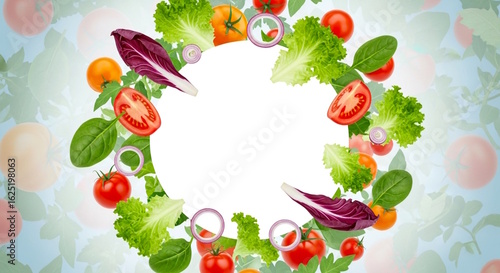 fresh Different salad vegetables arranged as a frame for copy space,  food texture as food background, for food, cooking, health, healthy lifestyle related concept