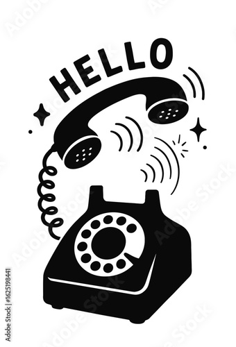 Retro Rotary Telephone Silhouette with Rising Handset and Hello Text – Black Vector Illustration for Vintage or Communication Design