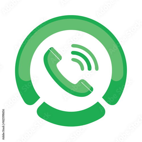 Green icon representing a phone call with sound waves emanating from the receiver, set within a circular frame, isolated on white background