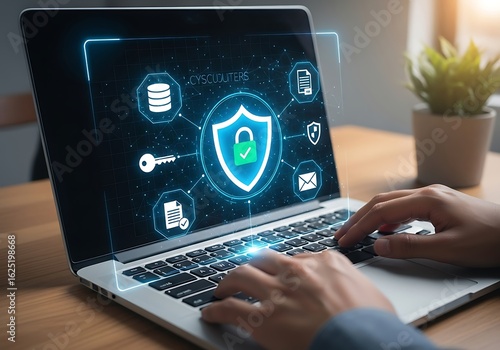 Photo of closeup of a person typing on a laptop with a cybersecurity interface displaying a shield, lock, key, database, document, and email icons