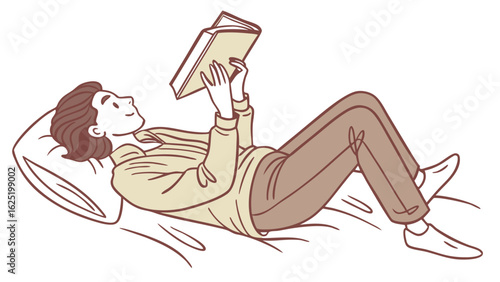 Person lying on a pillow reading a book with brown hair and wearing casual clothes in a relaxed pose