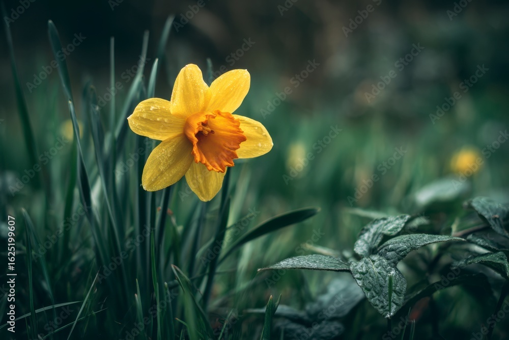 Fototapeta premium Yellow Daffodil Flower in Green Grass
