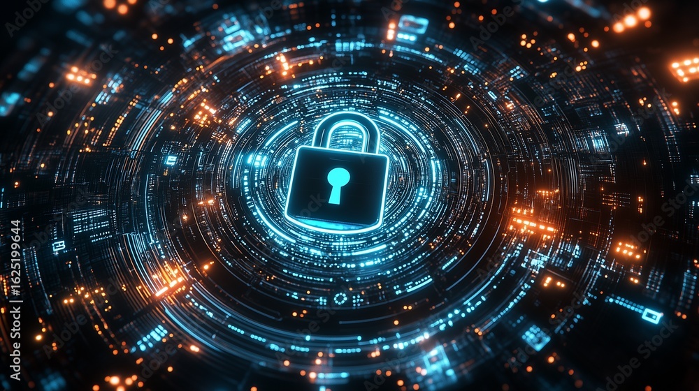 Obraz premium An abstract, futuristic digital padlock protecting a central core of data