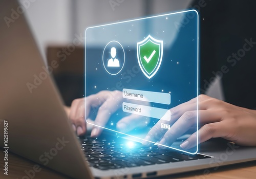 Photo of user logging into a secure digital system on a laptop, entering username and password with a shield icon indicating protection