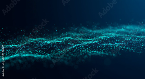 Abstract glowing blue and green particles flowing in dark space
