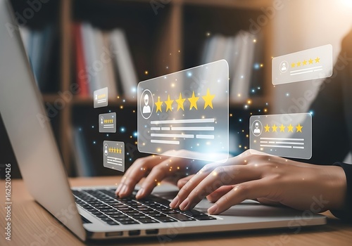 Photo of closeup of a person typing on a laptop, with glowing digital customer reviews and star ratings appearing, representing feedback and satisfaction