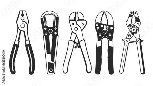 Set of pliers and wire stripping tools for electrical, repair, and workshop use