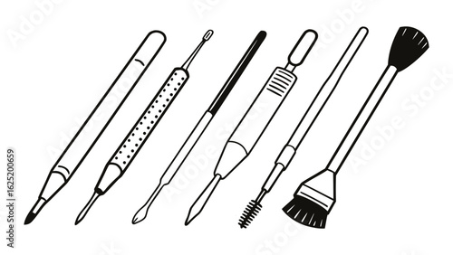 Hand drawn set of makeup and beauty tools including brushes, applicators, and grooming items
