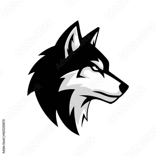 Powerful black and white wolf head logo, fierce and modern design for sports teams