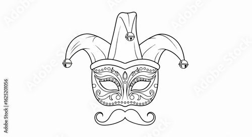 Ornate Jester Mask with Bells and Elaborate Mustache Design