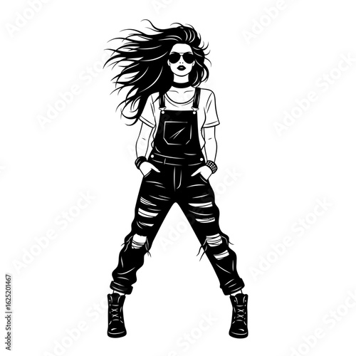 A woman in ripped overalls with sunglasses and boots standing confidently
