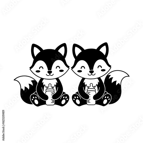 Two cute foxes sitting and holding baby bottles in a black and white design
