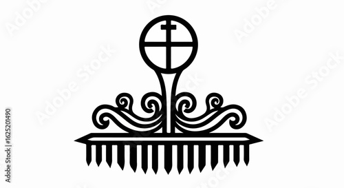 Ornate black silhouette of a liturgical comb with a Christian cross and decorative swirls.