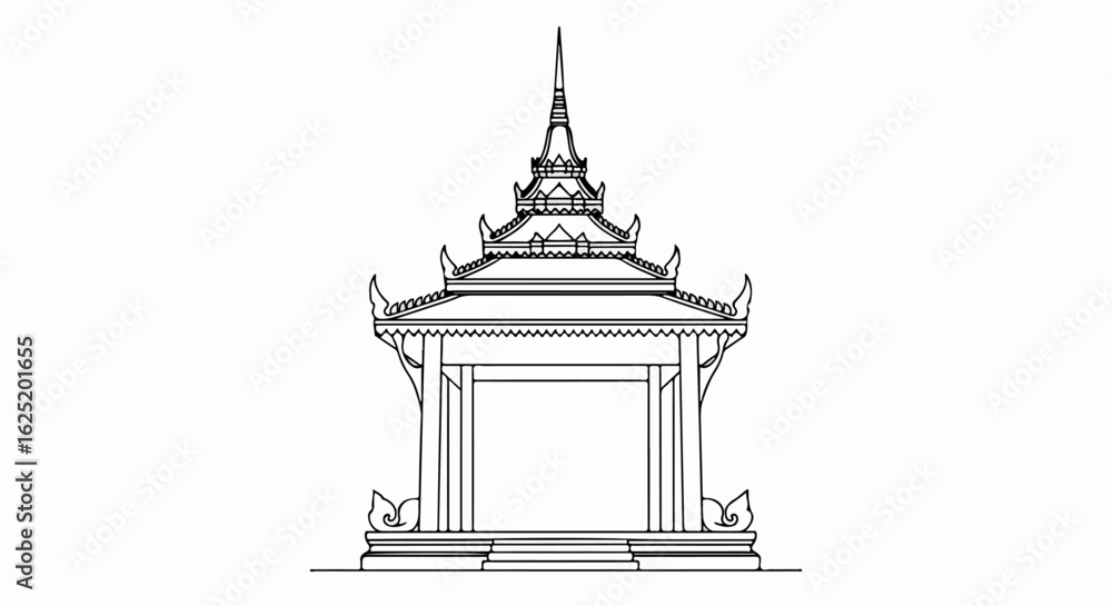 Fototapeta premium Thai Pavilion Architectural Drawing, Ornate Gable Roof, Decorative Elements