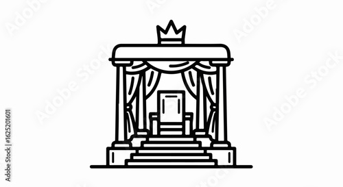 Regal Throne with Canopy, Crown, and Draped Curtains: Line Art Illustration