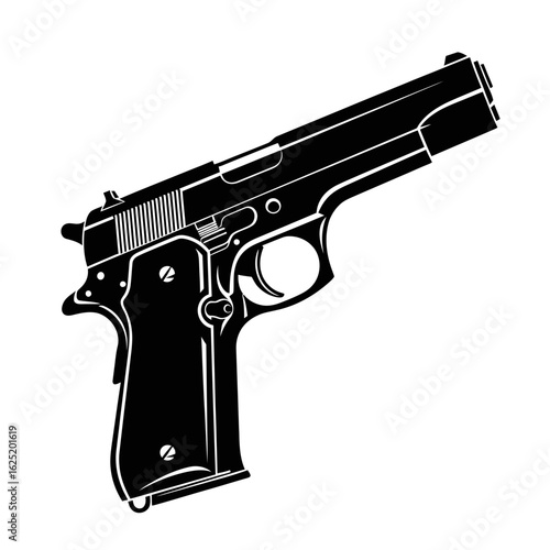 A detailed black and white illustration of a semi automatic pistol weapon