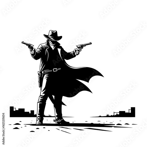 A cowboy standing in the desert with two guns and a long black coat on body