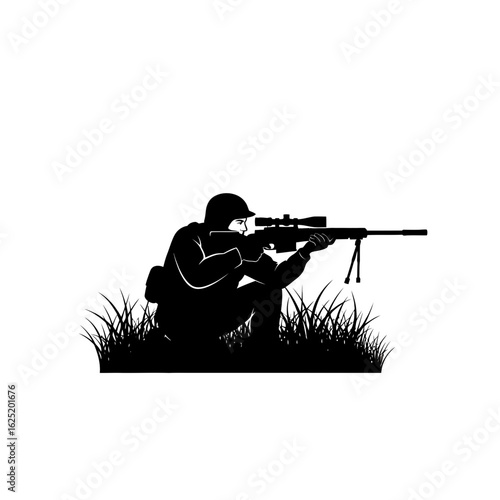 Silhouette of a soldier kneeling and aiming a sniper rifle in tall grass