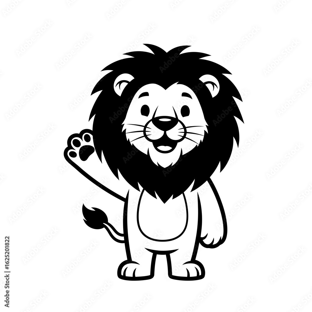 Fototapeta premium Cartoon lion with a black mane waving its paw on a white background design