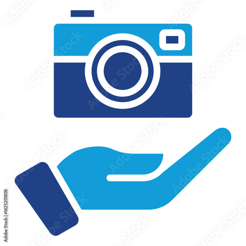Camera Service Glyph Blue Silhouette Icon Vector Design - Camera held in hand, symbolizing photo service, digital asset offering, or photography support