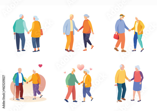 Illustrations depicting elderly couples holding hands symbolizing enduring love and companionship