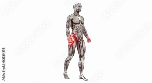 Human anatomy model of a man with muscle system, highlighting a painful red inflammation hotspot on the hip joint.