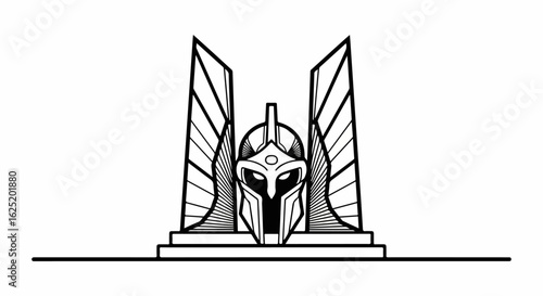 Bold line art of a stylized winged warrior helmet with a geometric design.