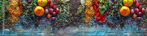 Colorful panoramic assortment of fresh organic fruits, spices, and berries. A vibrant flat lay concept of healthy eating and natural ingredients.
