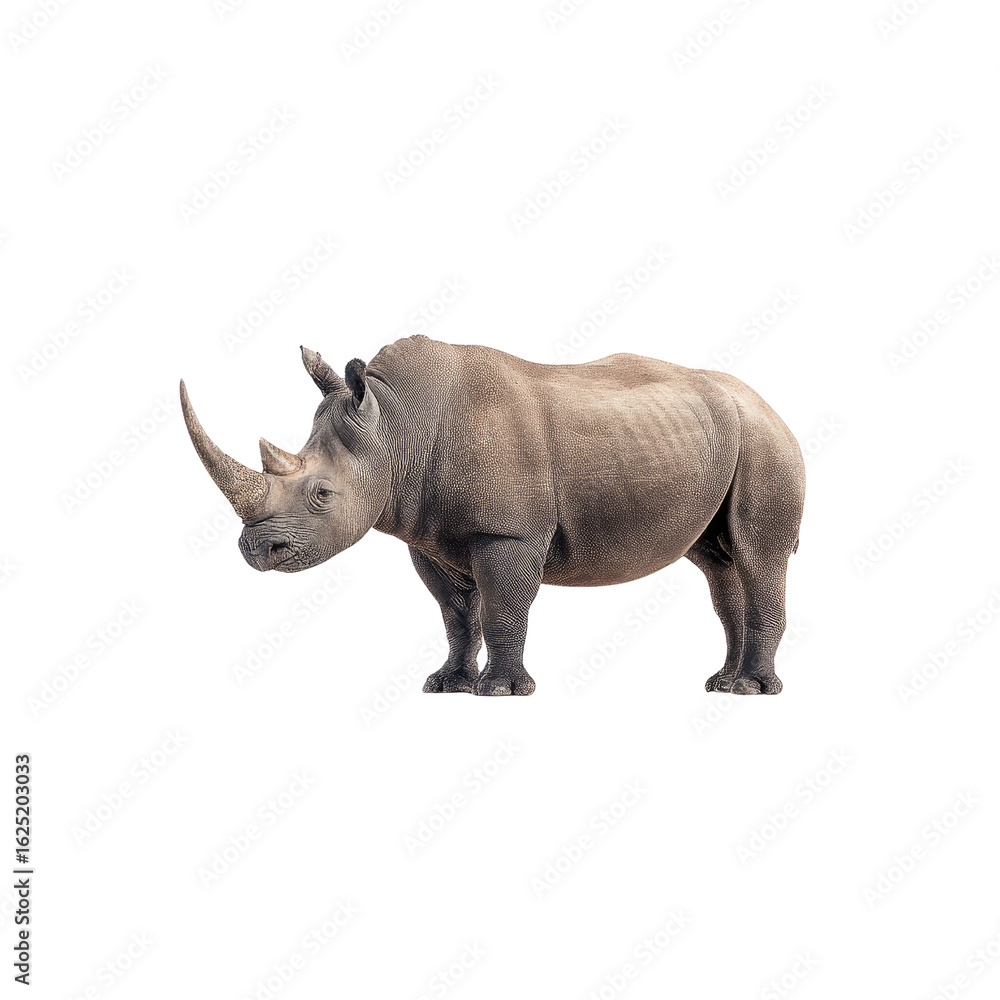 Fototapeta premium Majestic rhinoceros standing confidently against a clean white background showcasing its impressive horn and robust form