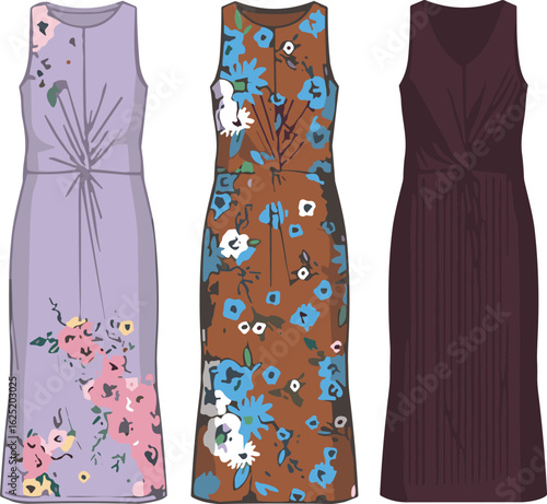 Sleeveless dress design, floral pattern dress, pleated purple dress, knotted waist, vector fashion mockup, elegant summer wear, stylish apparel illustration