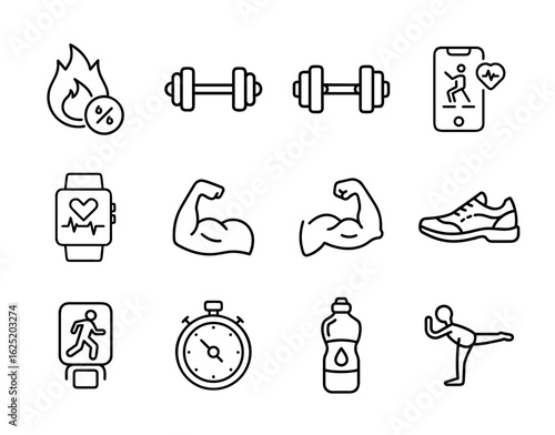 Fitness and wellness tracking icon set with heart rate monitor, step counter, yoga pose, hydration, workout timer, calorie burn, sleep tracking, muscle, and health app symbols, outline style