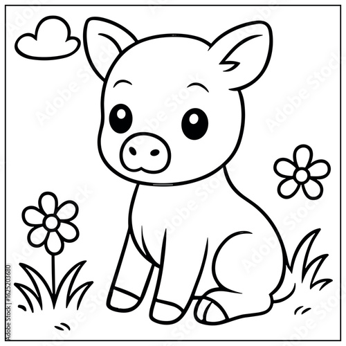 Cute Cartoon Pig Sitting in Grass with Flowers Coloring Page