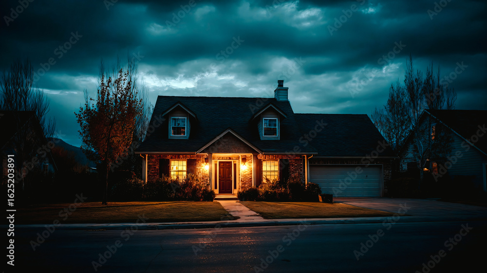 Fototapeta premium Maison allumée dans la nuit dans la campagne