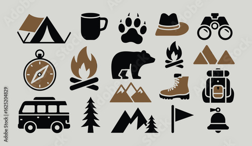 Camping and Outdoor Adventure Icons Set with Tent Bear and Backpack campfire