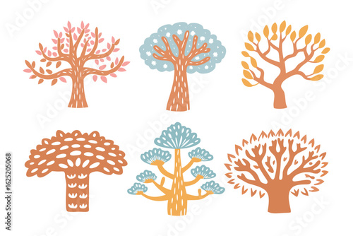 Whimsical Tree Collection: Six unique, stylized trees showcase diverse shapes and colors, offering a playful and artistic interpretation of nature's beauty.