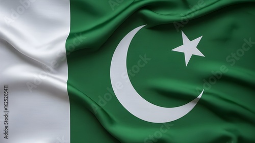 "Pakistan Independence Day Flag – 14 August Celebration with Green and White Crescent Star, National Flag Waving on Sky Background