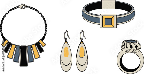 Illustrative depiction of various jewelry pieces including a necklace, bracelet, earrings, and ring.