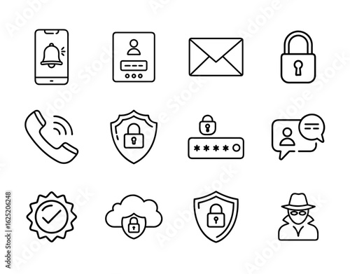 Communication and security icon set in outline style with chat, email, lock, shield, and privacy symbols for messaging apps, secure access, and data protection